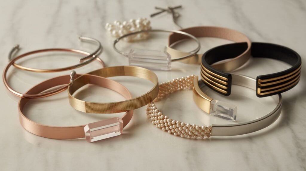 10 Different Types of Necklace Trends in 2026 Horizontal flat-lay of modern statement necklaces in gold, rose gold, silver, black, and pearl-accented designs arranged on a light marble surface, showcasing mixed metals and contemporary styles.v