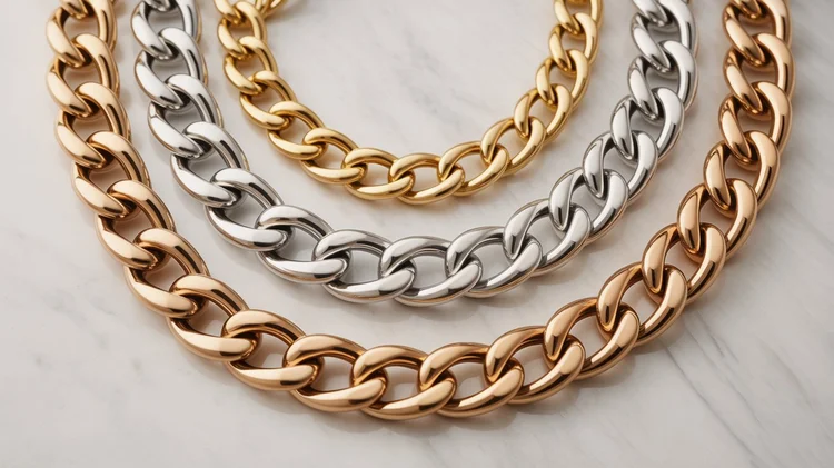 10 Different Types of Necklace Trends in 2026 Horizontal close-up of three chunky chain necklaces in gold, silver, and rose gold finishes arranged on a light marble surface, highlighting their bold links and polished texture.