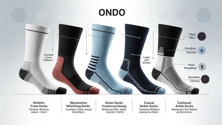 Horizontal infographic showing Ondo sock styles including athletic, dress, casual, and ankle socks with key performance features.