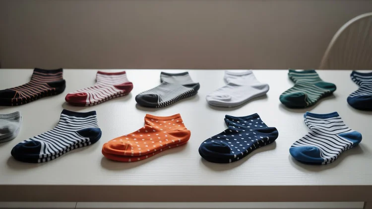 Horizontal lifestyle image showing a variety of colorful no-show socks arranged on a table, highlighting different patterns, colors, and everyday casual styles.