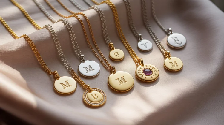 10 Different Types of Necklace Trends in 2026 A soft, horizontal photograph displays a row of gold and silver pendant necklaces laid out on a pale, silky fabric, each round charm engraved with a single letter or symbol, including “M,” “B,” “S,” “V,” and one birthstone-style pendant framed by small text.