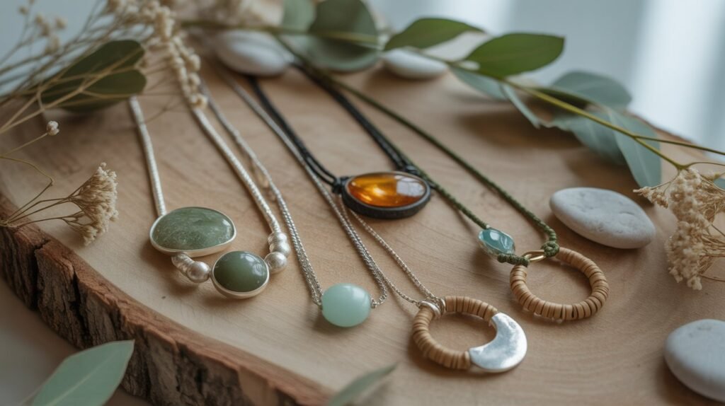 10 Different Types of Necklace Trends in 2026 Handcrafted necklaces on wood: five unique pendants with natural stones, beads, and organic accents.