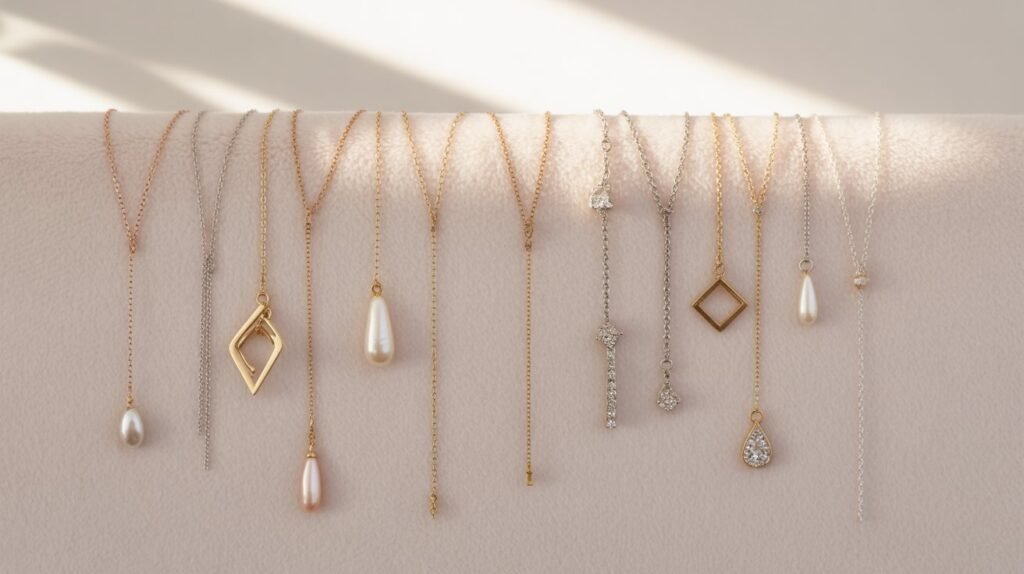 10 Different Types of Necklace Trends in 2026 Ten elegant necklaces arranged on soft pink fabric, each with a delicate chain and distinct pendant design including teardrops, pearls, diamonds, and geometric shapes in gold and silver tones.