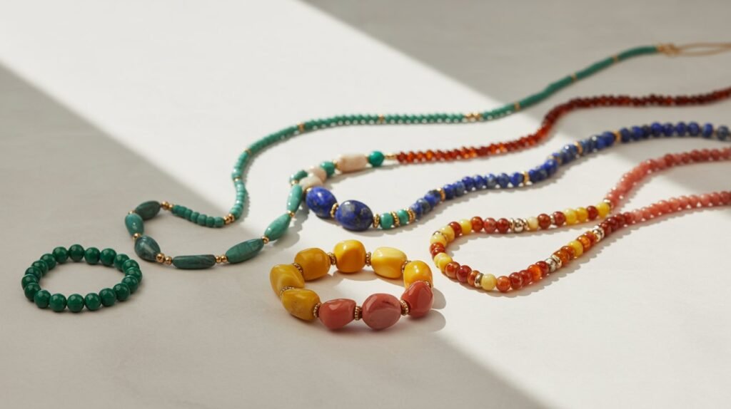 10 Different Types of Necklace Trends in 2026 A sunlit, horizontal photograph shows an arrangement of colorful beaded jewelry on a light surface, including a green beaded bracelet and several necklaces made of polished stones in green, blue, red, orange, yellow, and pink tones, accented with small gold spacer beads.