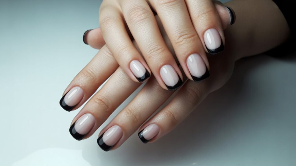 Black French tip almond nails with glossy tips on nude base.