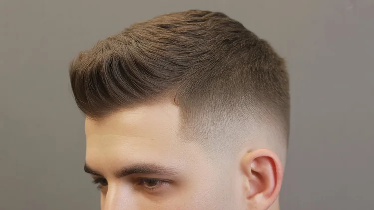 Men’s short quiff haircut with low fade.