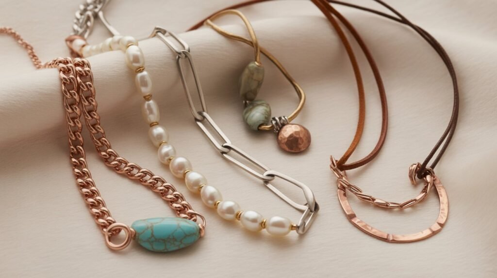 10 Different Types of Necklace Trends in 2026 Five distinct necklaces displayed on cream-colored fabric: rose gold with turquoise, pearl with gold spacers, silver chain with elongated links, green beads with copper disc on tan cord, and rose gold crescent pendant on dark brown cord.
