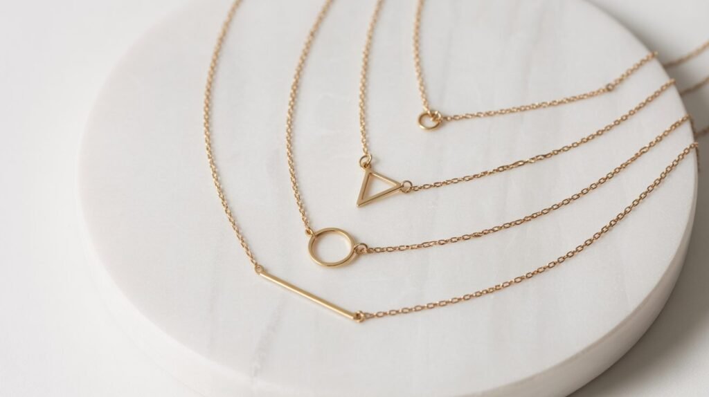 10 Different Types of Necklace Trends in 2026 Horizontal flat-lay of layered minimalist gold necklaces with delicate chains and geometric pendants arranged on a round white marble surface.