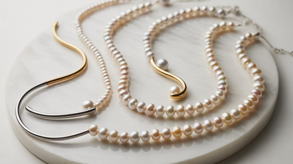 10 Different Types of Necklace Trends in 2026 Horizontal close-up of modern pearl necklaces featuring freshwater pearls paired with sleek gold and silver curved metal accents, arranged on a round white marble surface.