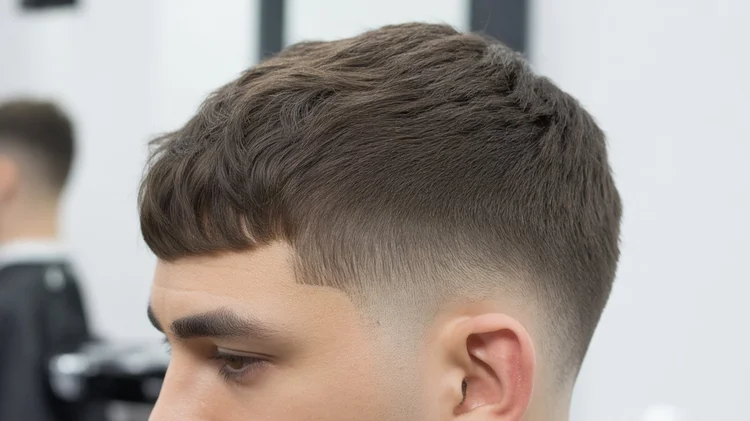 Men’s textured short haircut with low fade.