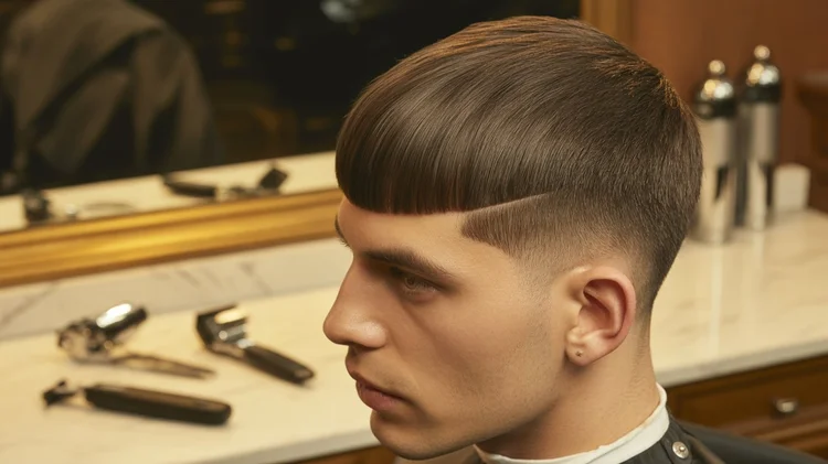 Side view of a bowl-style haircut with faded sides in a barbershop.