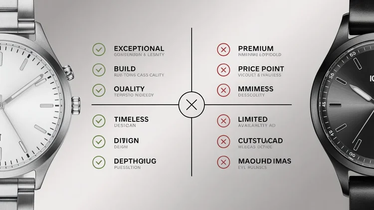 Is the Hamilton Murph Still a Valued Icon in 2026? Side-by-side watch comparison: silver watch with positive traits vs. black watch with negative traits, using checkmarks and X marks.