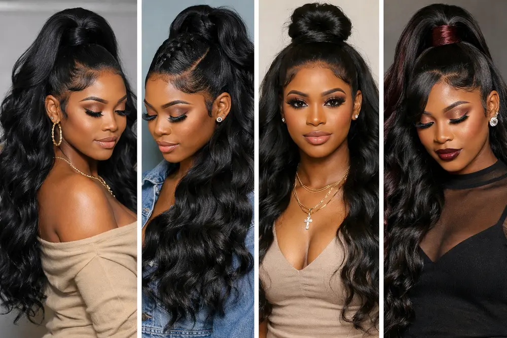 Quick weave half up half down hairstyle for Black women with long wavy curls and sleek high ponytail styling.