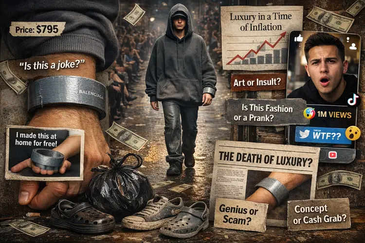 Why is the Balenciaga Tape Bracelet Controversial in 2026? Balenciaga tape bracelet worn on a wrist in a real-world runway and street environment.