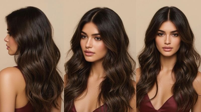 A Quick Weave Half Up Half Down Hairstyles for Black Hair Long dark brown body wave hairstyle, side and front views.