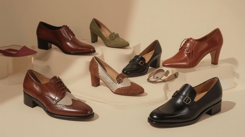 Popular 1950s Fashion History for Men Collection of vintage 1950s-style leather shoes and loafers displayed on neutral stands, highlighting classic menswear footwear with timeless craftsmanship and mid-century design.