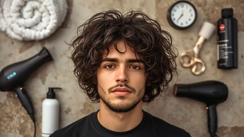 How to Style Curly Hair For Men: Easy Grooming Techniques Curly-haired man with grooming tools showing men’s curly hair styling and care essentials.
