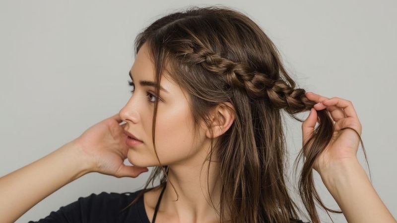 Woman styling a side braid on long brown hair, demonstrating a simple half-up braided hairstyle.