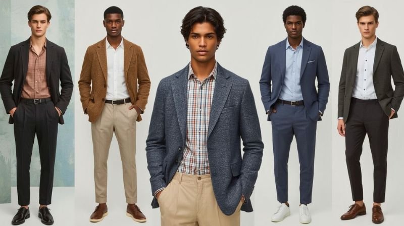 What is a Smart Casual Dress Code For Men? Five men in smart casual outfits, featuring tailored blazers, shirts, chinos, and leather shoes for a polished look.