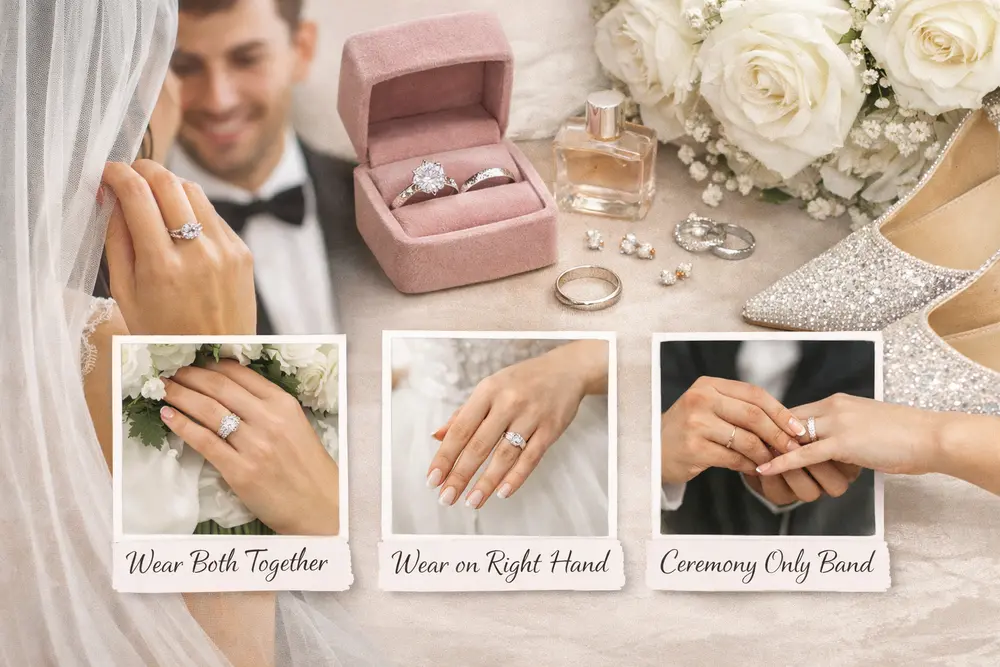 Do You Wear Your Engagement Ring on Your Wedding Day? Explained Your engagement ring stacked with wedding band in a romantic wedding setting.