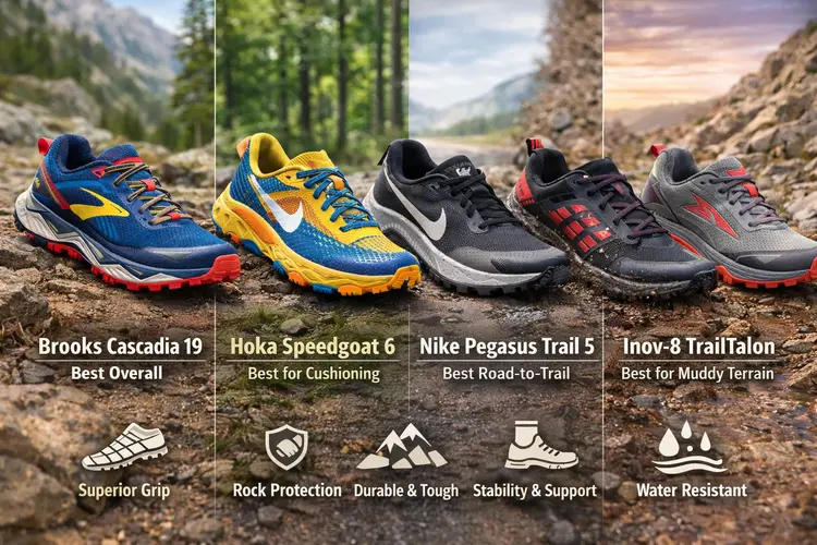 What are the Top 5 Best Trail Running Shoes? Five top trail running shoes—Brooks Cascadia 19, Hoka Speedgoat 6, Nike Pegasus Trail 5, Inov-8 TrailTalon, and Altra Lone Peak 9—showcasing grip, cushioning, and off-road performance.