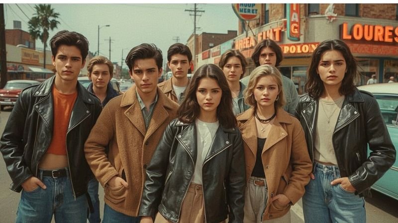 Popular 1950s Fashion History for Men Group of young adults in 1950s-inspired fashion wearing leather jackets, denim, and casual coats, capturing the classic greaser style and rebellious youth culture on a vintage city street.