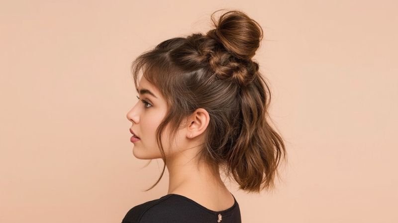 How to make your hair not look greasy in 5 minutes? Woman with a textured top knot hairstyle that helps conceal greasy roots while adding lift and a naturally refreshed look.