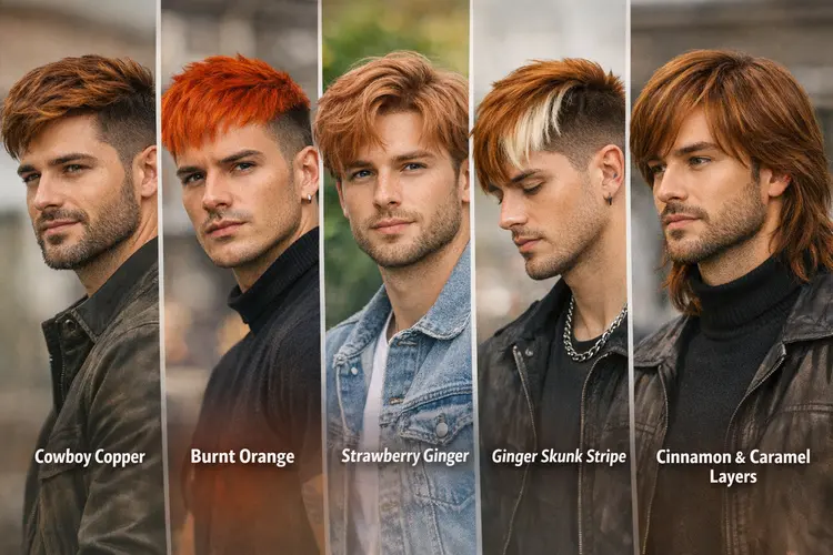 Horizontal image of five men modeling 2026 ginger wig trends: cowboy copper, burnt orange crop, strawberry waves, skunk stripe, and cinnamon layers.