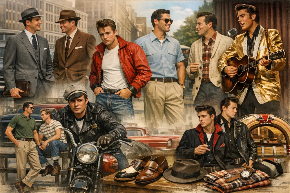 Horizontal image showing 1950s men’s fashion with classic suits, leather jackets, denim, and vintage accessories, highlighting timeless mid-century style and smart-casual looks
