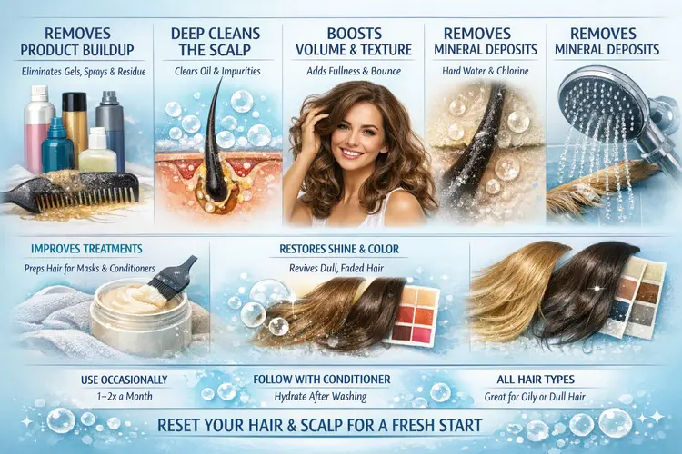 Horizontal infographic showing clarifying shampoo benefits like removing buildup, deep cleansing the scalp, boosting volume, and restoring hair shine.