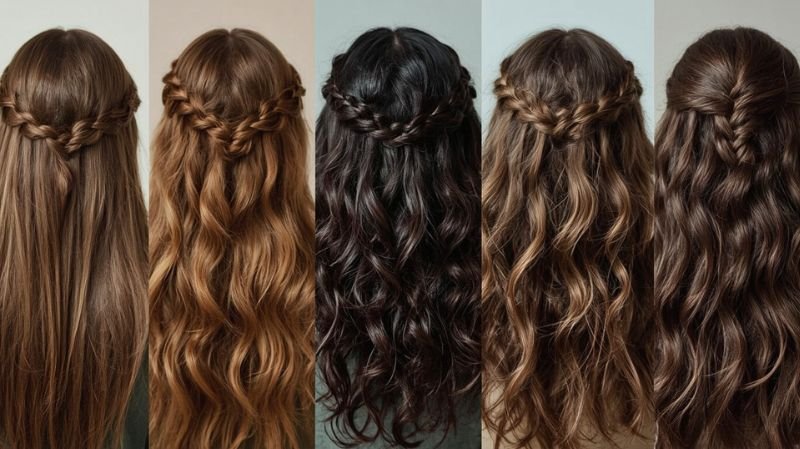 Half-up braided hairstyles on long wavy hair in different colors.