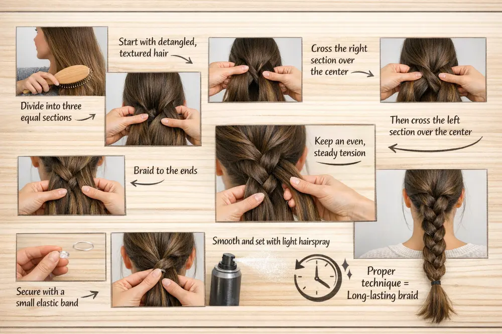 How to braid hair properly: detangle, section, cross strands, and finish with hairspray.