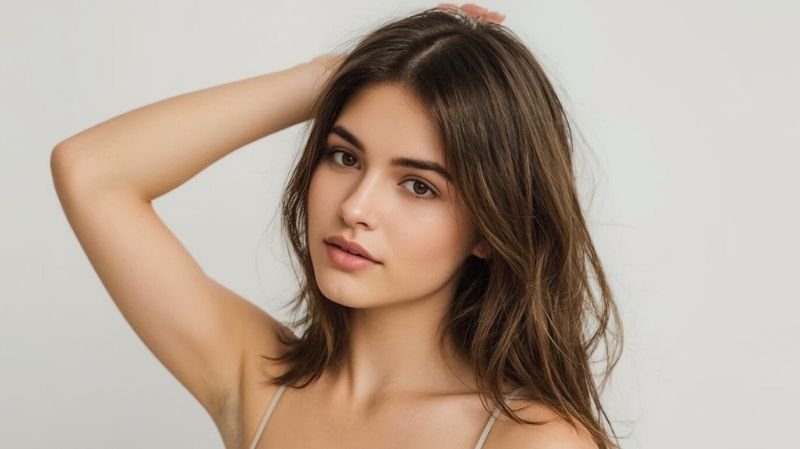 How to make your hair not look greasy in 5 minutes? Woman touching her hair while showing naturally refreshed roots, illustrating tips to manage oily hair and keep it looking clean longer.