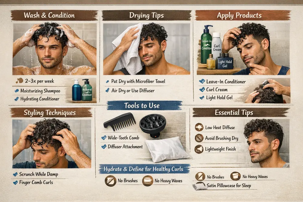 Step-by-step guide to styling curly hair for men with hydration, curl products, and low-heat drying tips.