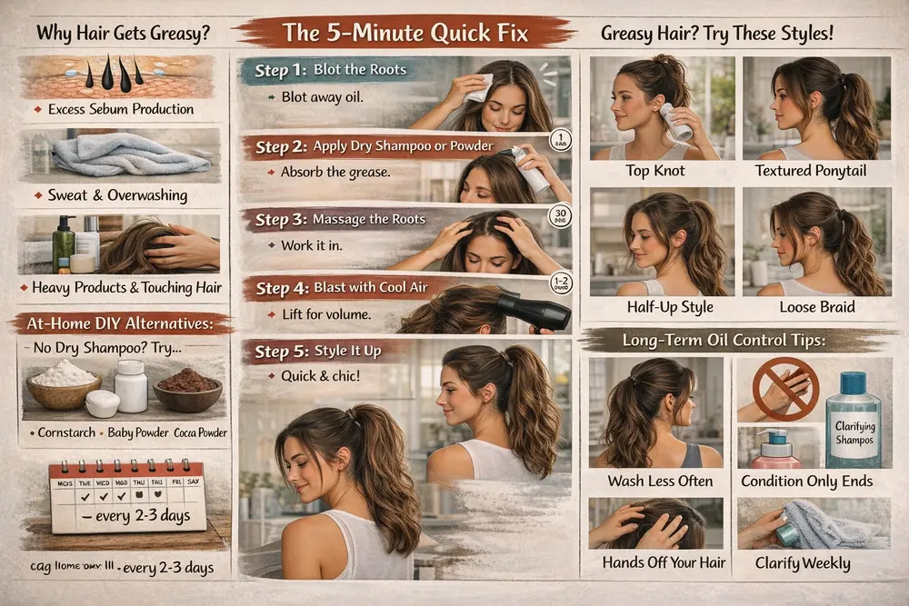 5-minute greasy hair fix showing quick techniques to absorb oil, refresh roots, and restyle for a clean look.