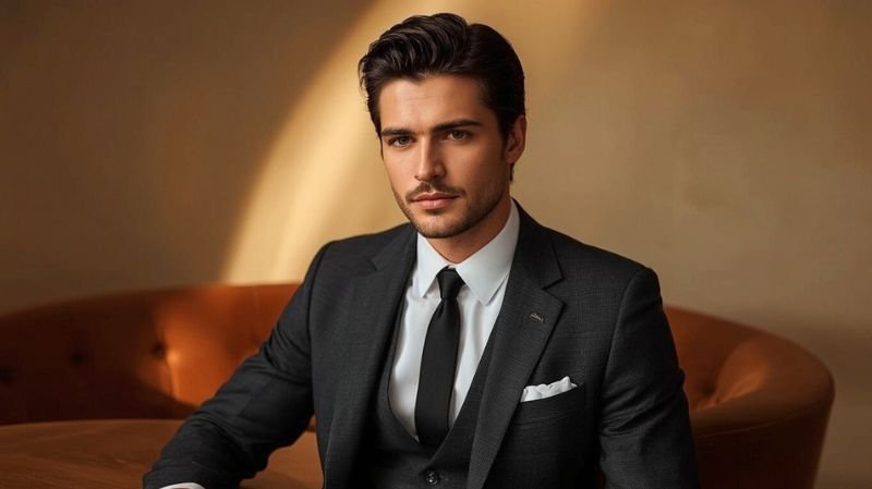 Popular 1950s Fashion History for Men Man in a tailored dark suit and tie with a pocket square, reflecting refined 1950s-inspired menswear style and classic mid-century elegance in a warm interior setting.