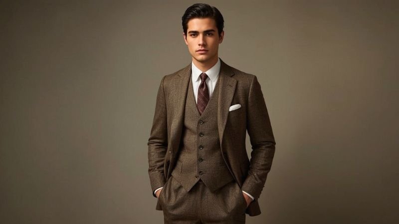 Popular 1950s Fashion History for Men Man wearing a classic 1950s-inspired brown three-piece suit with tie and pocket square, showcasing tailored vintage menswear style against a neutral background.