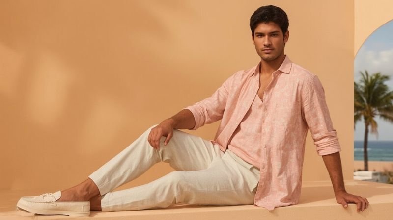 What is a Resort Casual Dress Code? Man wearing a pastel linen shirt with light trousers and loafers, styled in refined resort casual fashion against a warm coastal backdrop.