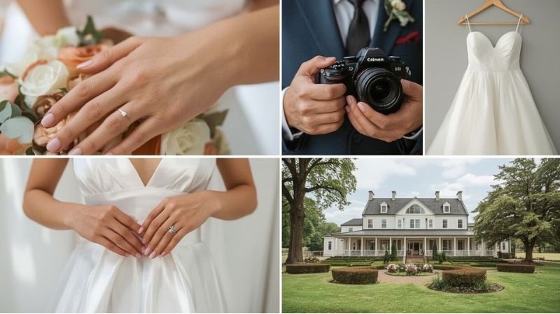 Do You Wear Your Engagement Ring on Your Wedding Day? Explained Wedding ring and bouquet, groom with camera, white wedding dress, elegant wedding venue mansion.