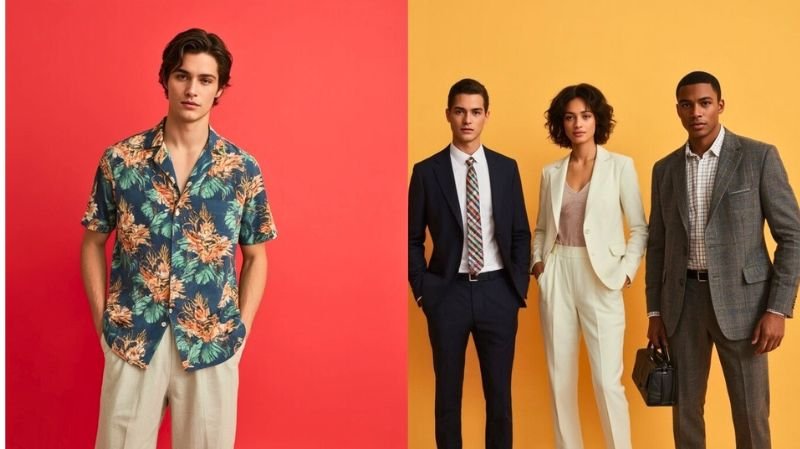 What is a Resort Casual Dress Code? Resort casual outfit with tropical shirt contrasted against formal tailored suits, showing the difference in dress styles.