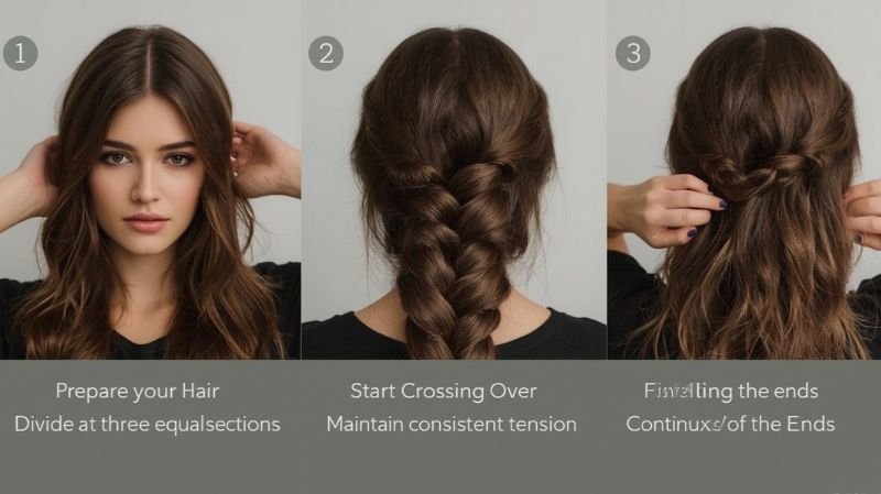 Easy three-step hair braid tutorial: section, cross, and secure for a sleek finished look.