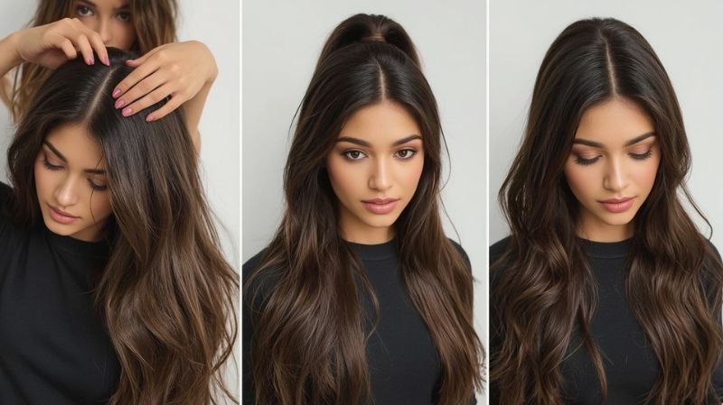 A Quick Weave Half Up Half Down Hairstyles for Black Hair Step-by-step quick weave installation showing sectioning, styling, and finished long wavy hair look.