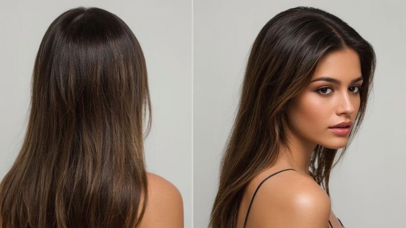 A Quick Weave Half Up Half Down Hairstyles for Black Hair Long straight brown hair shown from back and side view on neutral background.