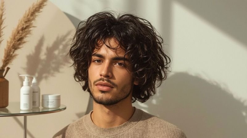 How to Style Curly Hair For Men: Easy Grooming Techniques Man with well-defined natural curls styled neatly in a modern grooming look.
