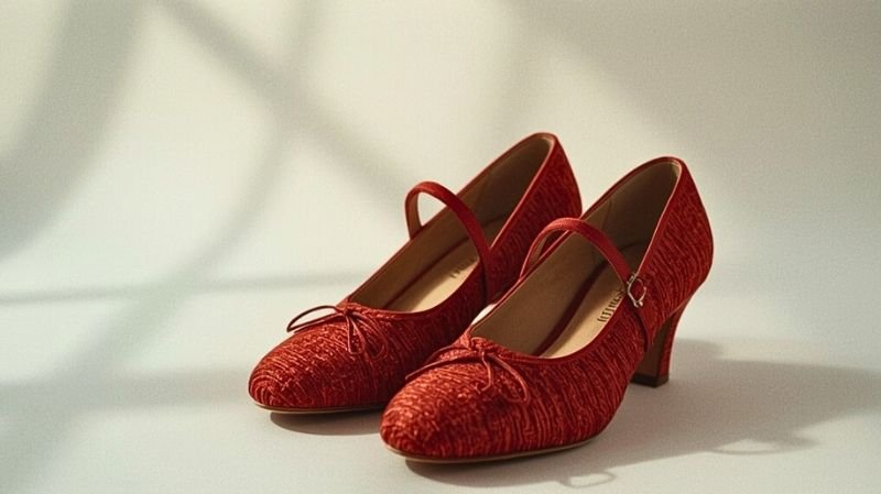 What is the Most Expensive Shoe in the World? Red textured mid-heel Mary Jane shoes with slim straps, placed side by side on a light surface with soft shadows.