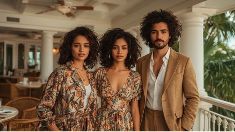 What is a Resort Casual Dress Code? Three adults wearing coordinated resort casual outfits with tropical prints and lightweight fabrics, standing in an elegant open-air resort setting with palm surroundings and relaxed vacation style.