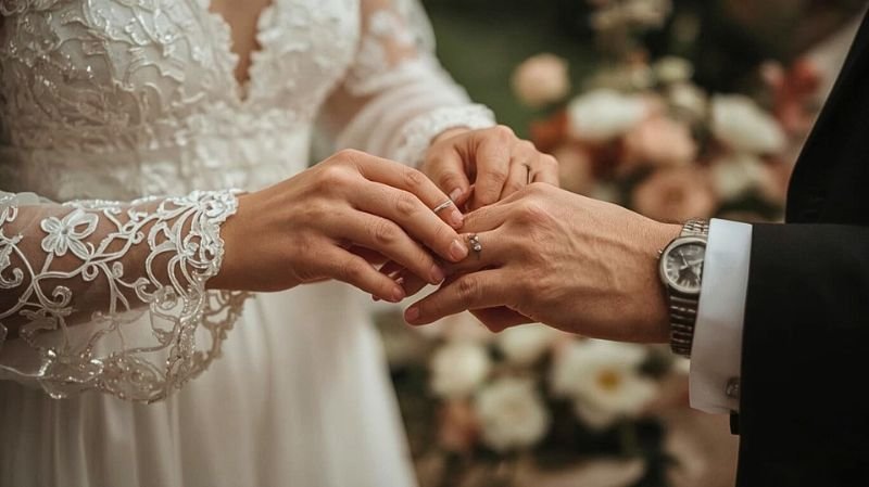 Do You Wear Your Engagement Ring on Your Wedding Day? Explained Bride placing a wedding ring on the groom’s finger during a ceremony, with lace sleeve and soft floral background.