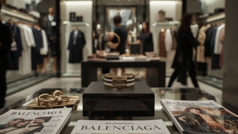 Why is the Balenciaga Tape Bracelet Controversial in 2026? Luxury fashion store display featuring a Balenciaga tape-style bracelet showcased on a pedestal, with branded magazines in the foreground and shoppers browsing clothing racks in the background.