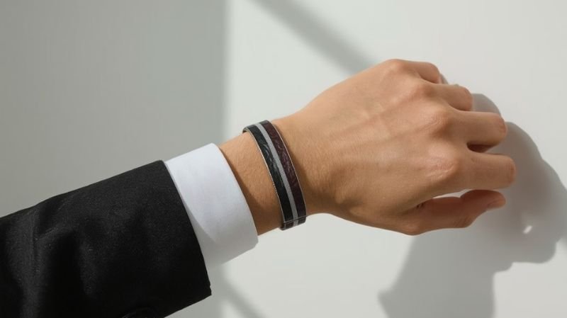 Why is the Balenciaga Tape Bracelet Controversial in 2026? Close-up of a person wearing a minimalist tape-style bracelet on their wrist, paired with a black suit sleeve and white cuff, photographed against a clean white background.