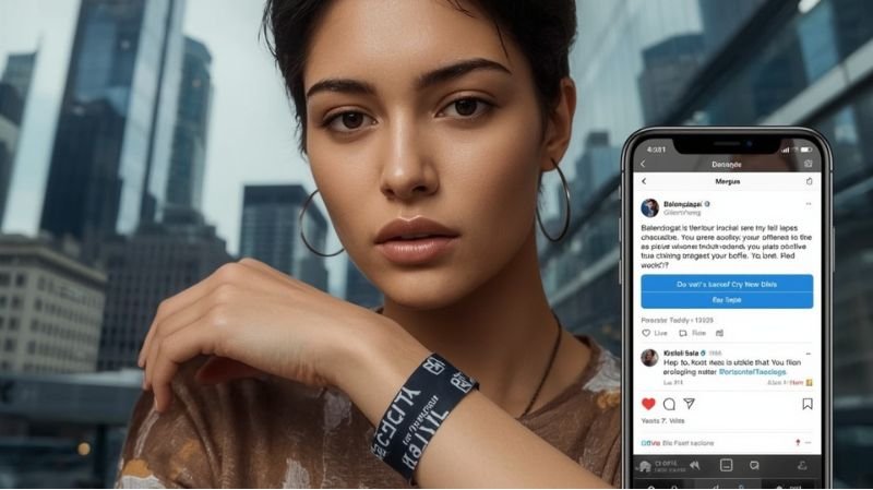 Why is the Balenciaga Tape Bracelet Controversial in 2026? Portrait of a person wearing a black tape-style bracelet on their wrist in an urban city setting, with a smartphone beside them displaying a Balenciaga social media post.